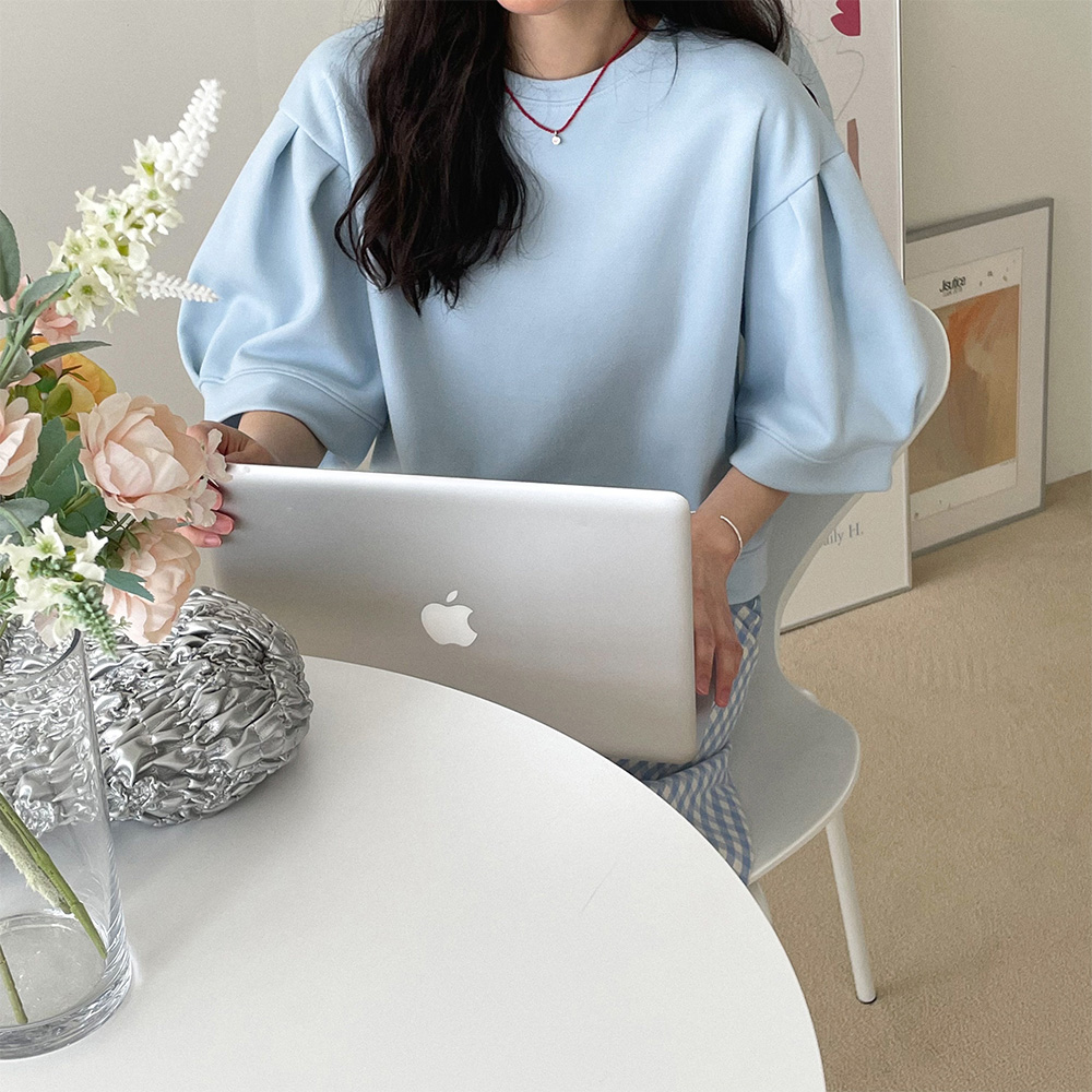 여성 반팔 맨투맨 크롭 여름 맨투맨 퍼프 티셔츠 하늘색