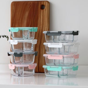 파스텔 3구 밀폐 유리 찬통 (2type) 전자레인지 가능 냉장고 반찬 용기 찬기 그릇