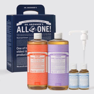 닥터 브로너스 퓨어 캐스틸 솝 950ml x2개+60ml 2개(랜덤)+펌프 1개+기프트박스 대용량 올인원 바디워시 패밀리 선물세트
