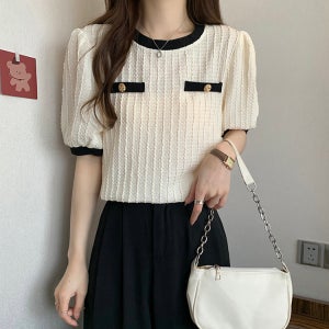 여자여자몰 활동하기편한 배색라인 신축성좋반팔블라우스 여름 시원한데일리블라우스