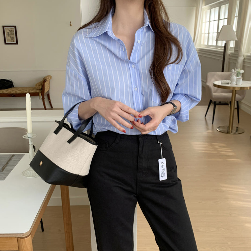 소프트 촉감 포켓 여성 스트라이프 셔츠 블라우스 봄 여자 셔츠 면 핑크 블루 소라색 하늘색