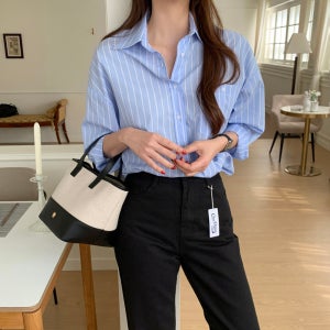 소프트 촉감 포켓 여성 스트라이프 셔츠 블라우스 봄 여자 셔츠 면 핑크 블루 소라색 하늘색