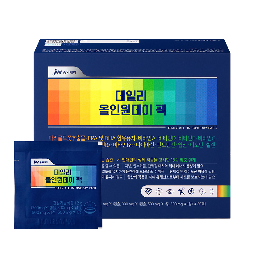<b>JW중외제약</b> 데일리 올인원데이 팩 끌올팩 <b>종합</b> 비타민 영양제 2g x 30포, 1개