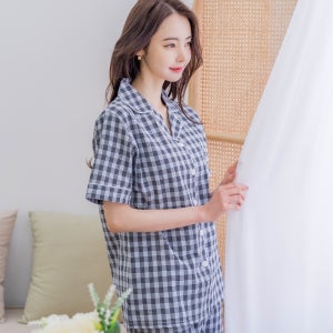 [에이원] 여성잠옷세트 잔체크 카라 반팔 실내복 파자마 홈웨어