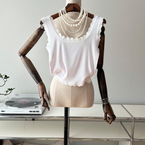 1+1 잔잔한 골지 레이스 크롭 나시티 2컬러