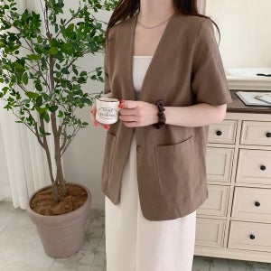 여성 린넨자켓 브이넥 노카라 마 여름 자켓 오버핏 반팔 재킷 블랙 베이지 아이보리 브라운