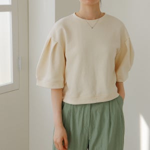 간절기 봄 반팔 여성 맨투맨 티 퍼프 벌룬 소매 크롭 티셔츠 숏 크림 핑크 블랙 무지