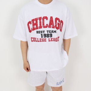 남자 오버핏 반팔티 하드 싱글 시카고 프린팅 반팔 남녀공용 커플 여름 스트릿 티셔츠