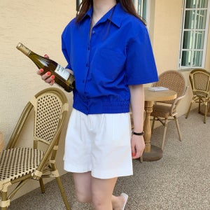 여름 크롭 셔츠 코발트 블루 셔츠 여성 반팔 남방 바스락 블라우스 검정 여자 남방