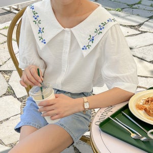 꽃자수 세일러 빅카라 반팔 블라우스 여성 빅사이즈 화이트