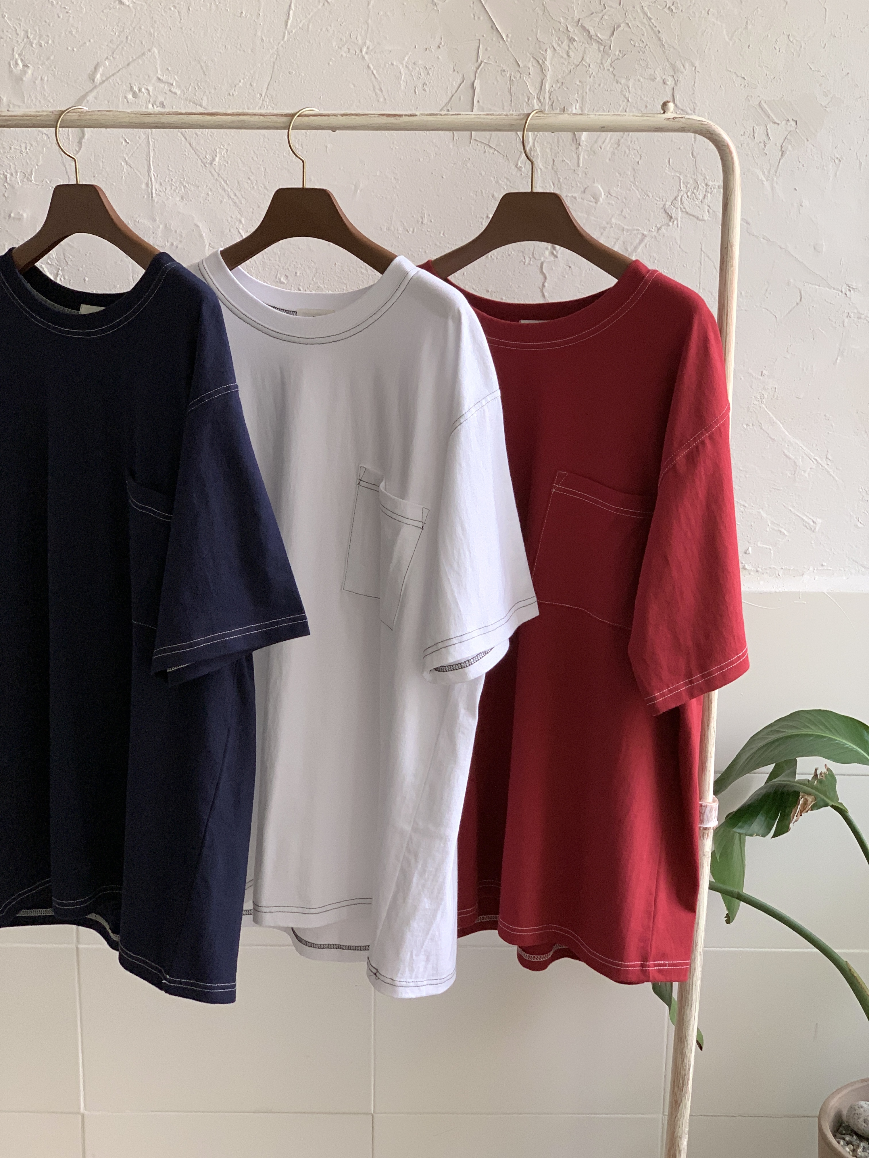 (3color) 귄 프랑티 남녀공용 포켓 스티치 반팔 티셔츠 레드 네이비 화이트