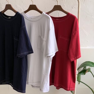 (3color) 귄 프랑티 남녀공용 포켓 스티치 반팔 티셔츠 레드 네이비 화이트