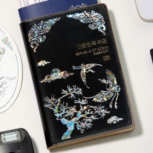 한소품 송학도 자개 여권 케이스 안티스키밍 RFID 차단 지갑 커버 파우치