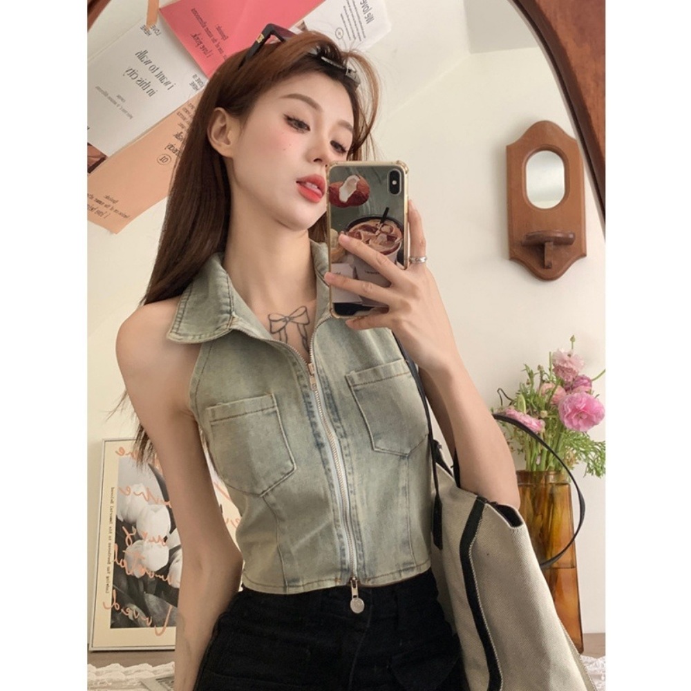 청조끼 홀터넥 섹시 데님 크롭 조끼 베스트 백리스