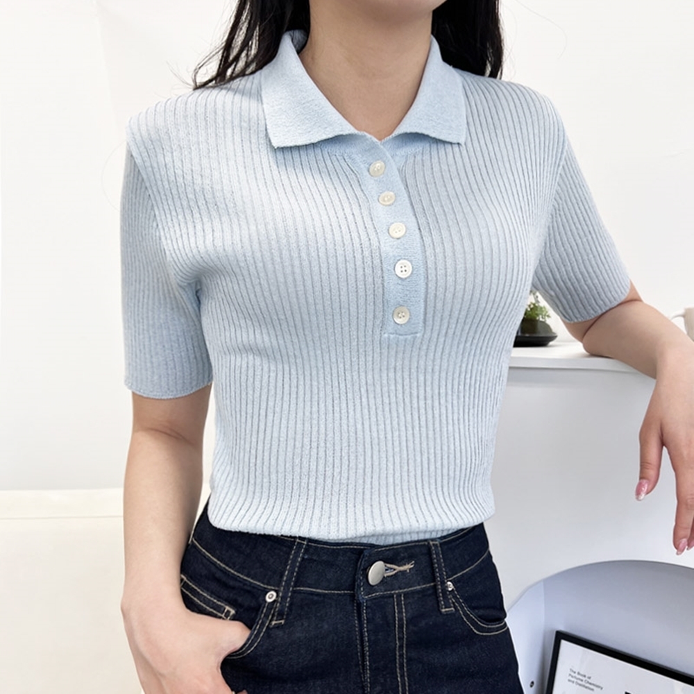 국내생산 여자 여성 카라 골지 반팔 니트티 여름 깔끔한 스카이 하늘색 반팔 상의