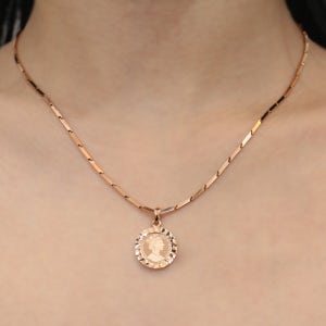 14K 엘리자베스 코인 커팅 펜던트 대나무 체인 목걸이 1.5 Don 2 Don