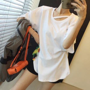셀렉 사선 띠 유넥 언발 트임 어깨패드 루즈핏 무지 반팔 티셔츠 (4color)