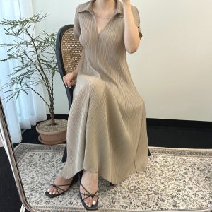 하이퀄리티 플리츠 카라 집업 플레어 롱원피스 7color