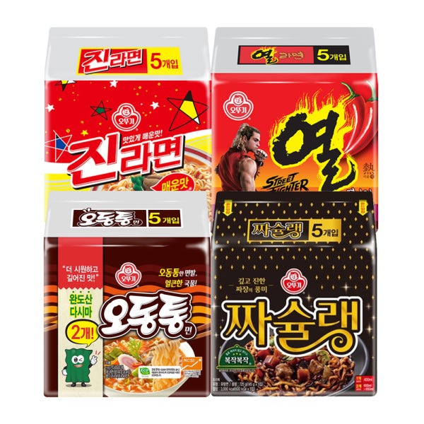 [슈퍼적립] 오뚜기 진라면 매운맛 120g 5개+짜슐랭 145g 5개+오동통면 120g 5개+열라면 120g 5개