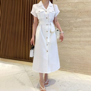 이끌리네 여성 원더풀 트렌치 포켓 벨트 반팔 롱원피스