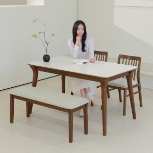 더끌림 루나 원목 포세린 세라믹 식탁세트 벤치1+A형의자2, 1400mm, 화이트