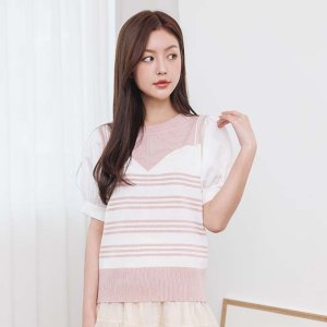 단가라 뷔스티에 벌룬 니트반팔티