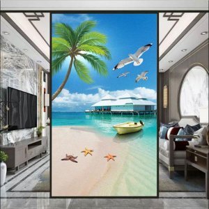 사생활 보호용 시트지사생활 보호 창문 필름 장식, 해변 풍경 스티커, 햇빛 차단, 접착제 없는 정적 유리 색조