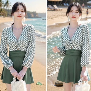 여성 워터파크 풀빌라 원피스수영복 치마 체크 긴팔 체형커버수영복