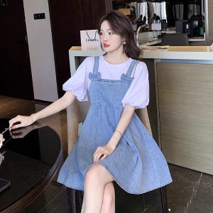 키작녀 여름 청청패션 리본 뷔스티에 데님 원피스