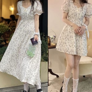 플라워 롱 숏 하객 흰색 원피스 플리츠 프릴 20대 하객룩 샤원피스