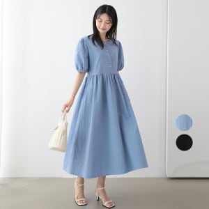 프롬 여름 반팔 퍼프소매 스퀘어넥 롱 원피스 휴양지 바캉스룩 FRC197