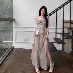 날씬해보이는 공주풍 빅 코르셋 섹시 쉬폰 나시 원피스