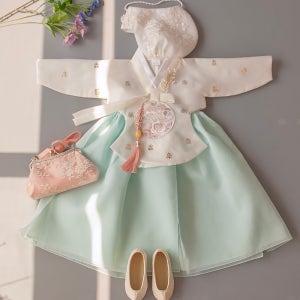 은빈 금박 아이보리당의 민트날개치마 (백일-15호)-여아 키즈 돌 백일 추석 설빔 한복