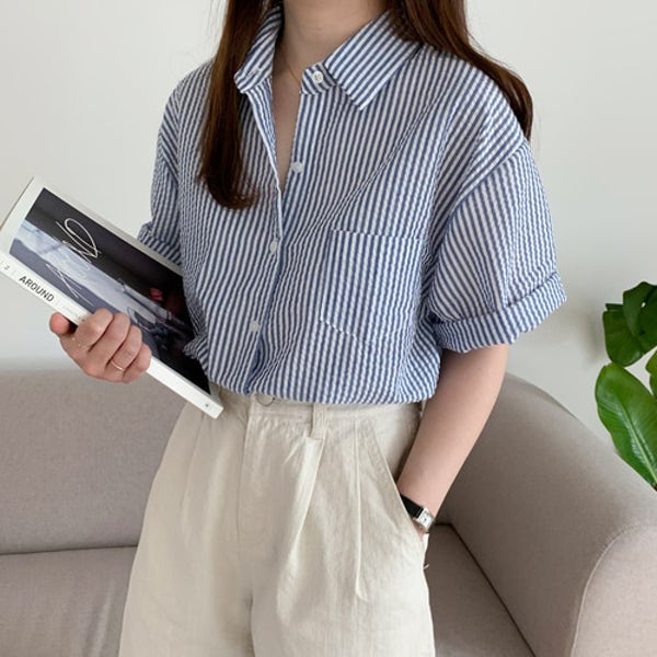 스트라이프 셔츠 시어서커 오버핏 여성 반팔 셔츠 블라우스 여름 남방 휴양지 블랙 블루