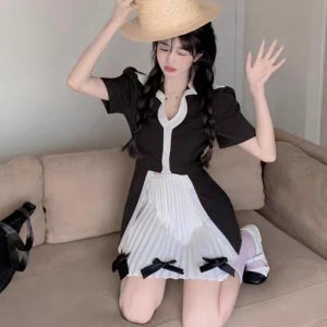 키작녀 모던 시크 리본 플리츠 스커트 크롭 코디세트