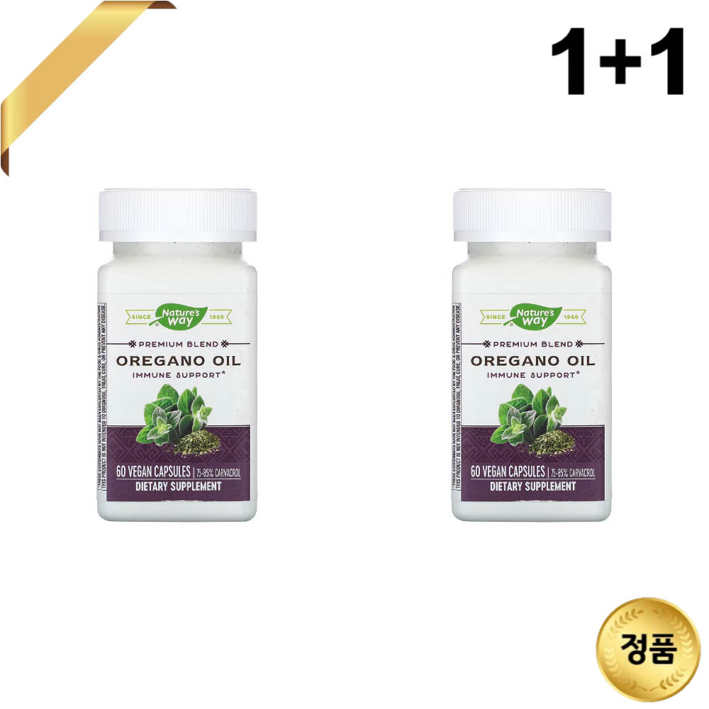 1+1 <b>네이처스웨이</b> 오레가노 오일 50mg 60 베지 캡슐 아마씨 오일 카르바크롤 <b>레시틴</b>