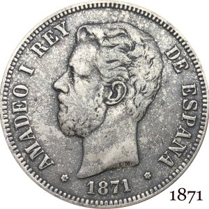 스페인 아마데오 I 1871 REY DE 에스파나 흉상 왼쪽면 구리 니켈 은도금 복사 동전 아래 날짜 5 페세타스