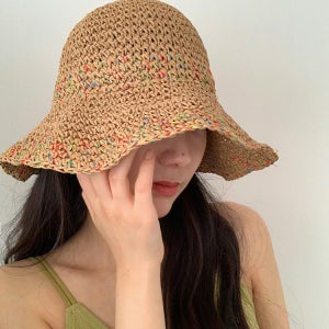 [무배] 웨이브 레인보우 와이어 밀짚 라탄 버킷햇 벙거지 모자