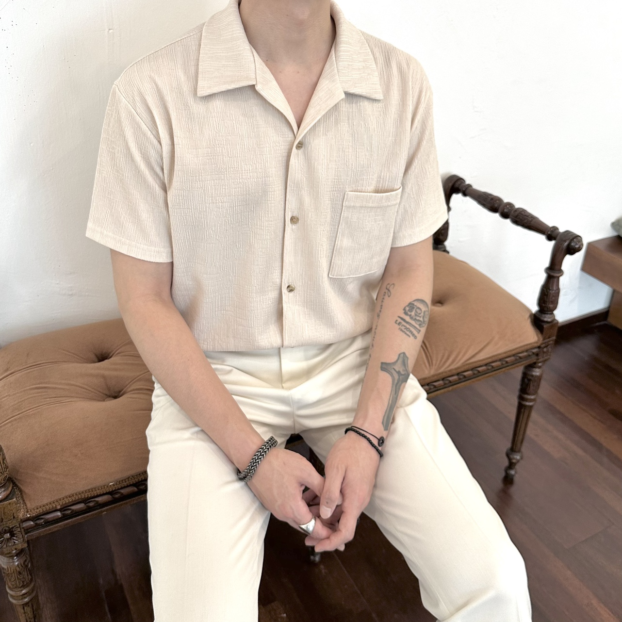 남자 반팔 셔츠 봄 여름 남방 루즈핏 베이지 오픈카라셔츠 휴양지룩 바캉스룩