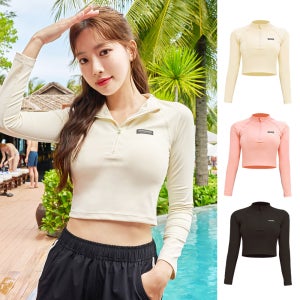 헤링본 여성 래쉬가드 세미 크롭 반집업 슬림 수영복 루즈핏 비치웨어 상의 RG357W
