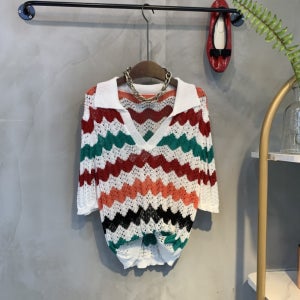 (당일발송)젠티 지그재그 패턴 브이넥 카라 반팔 니트 2color C