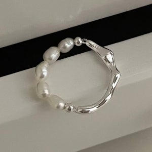 실버925 물결 라인 담수 진주 프리사이즈 검지 반지