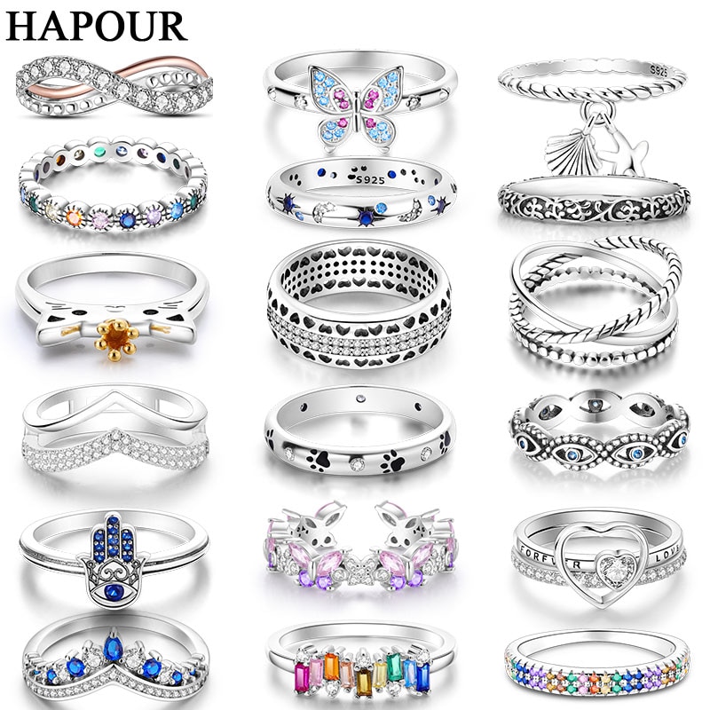 패션 데일리 웨딩 커플 우정 <b>볼드</b> 실 레이어드 링 반지 세트 HAPOUR 925 실버 여성용 반짝이는 다채로운 지르콘 <b>하트</b> 나비 <b>오리지널</b> 심플 아닐로 주얼리 선물