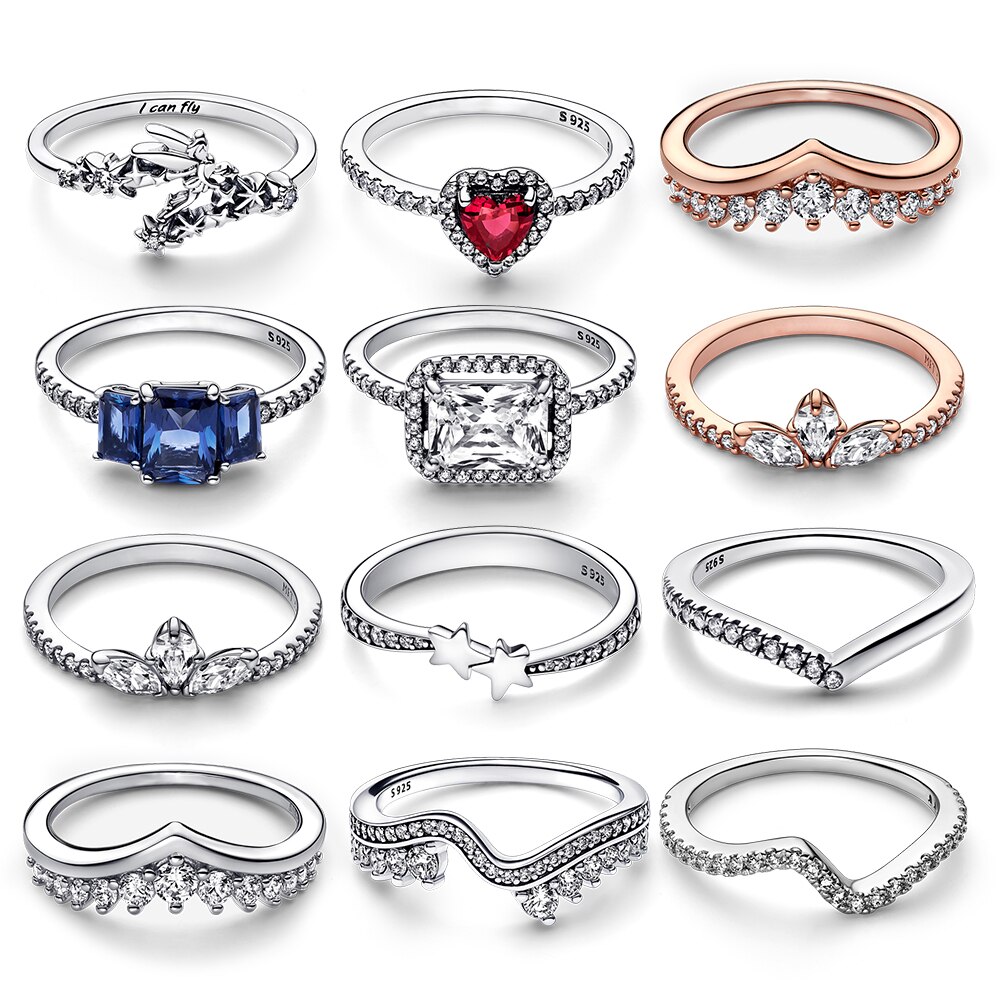 패션 데일리 웨딩 커플 우정 <b>볼드</b> 실 레이어드 링 반지 세트 925 스털링 실버 <b>하트</b> CZ 지르콘 <b>오리지널</b> 크라운 공주 여성용 쥬얼리 사랑 선물