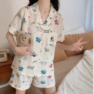지지미 짱구 잠옷 여름 반팔 투피스 흰둥이 캐릭터 우정 파자마 세트