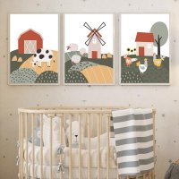 돼지그림 맞춤형 돼지 소 말 닭 오두막 트랙터, 보육 벽 그림, 농장 동물 포스터 인쇄 아기 방