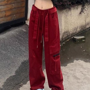 여성카고팬츠 레드 스트레이트 오버올 봄 가을 대형 새 지방 하이 웨이스트 루즈하고 얇은 캐주얼 모핑 와이드 레그 팬츠 트렌디