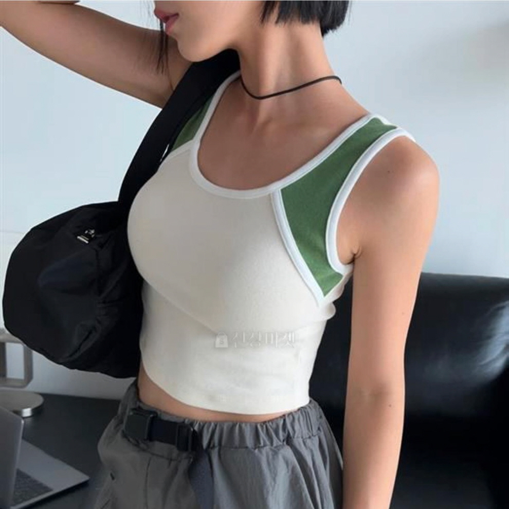 여름 MZ세대 Y2K패션 휴가 여행 바캉스 랍빠 배색 슬림핏 나시 민소매 크롭 티셔츠