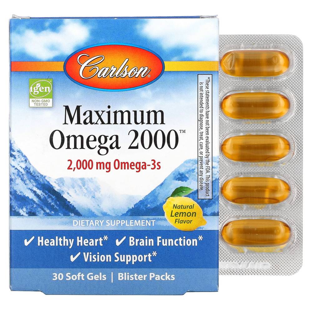 Carlson, <b>맥시멈 오메가 2000</b>, 천연 레몬 맛, 1,000mg, 소프트젤 30정