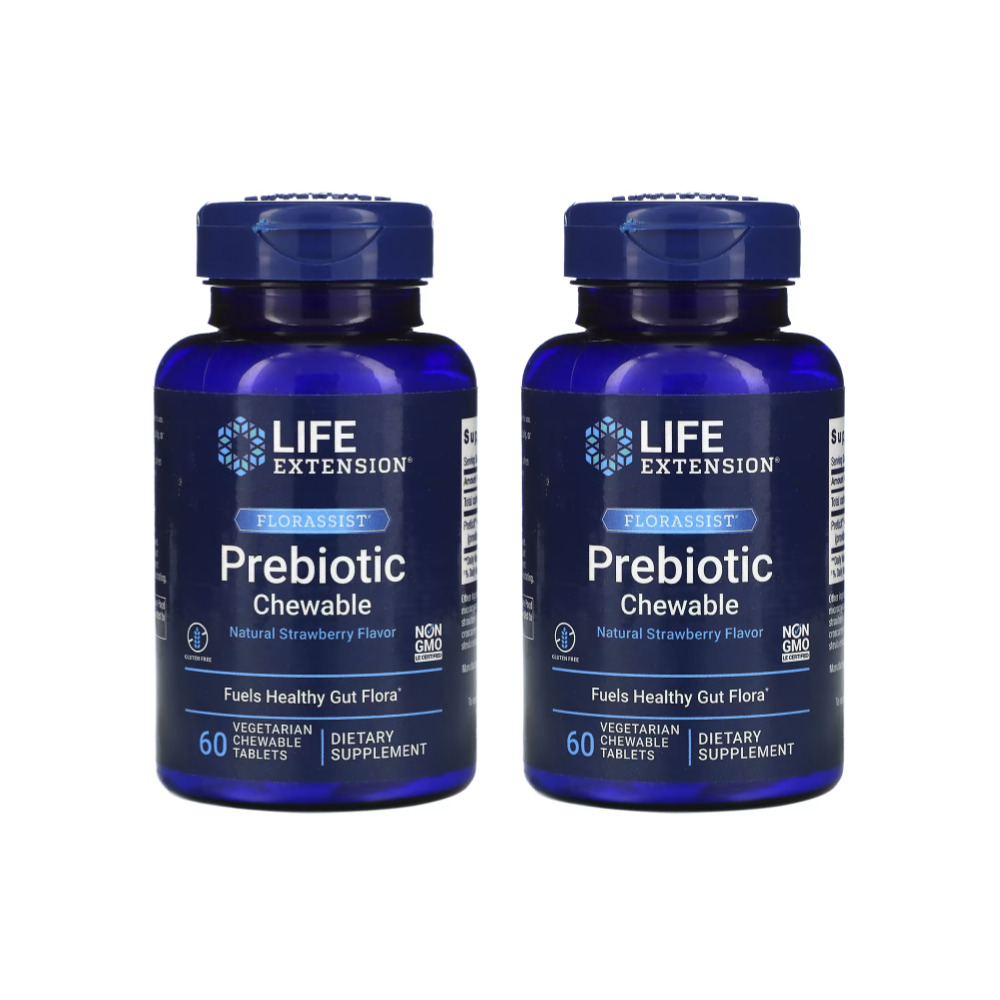 라이프익스텐션 FLORASSIST <b>프리바이오틱 츄어블</b> 딸기 맛 츄어블 60정 x 2병